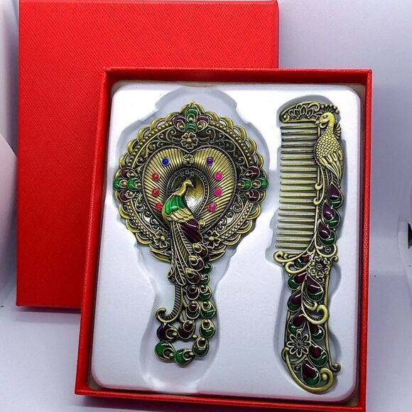Vintage Peacock Mirror Comb Gift Box Set Antique Gold Rhinestone Regency Vanity main image 8